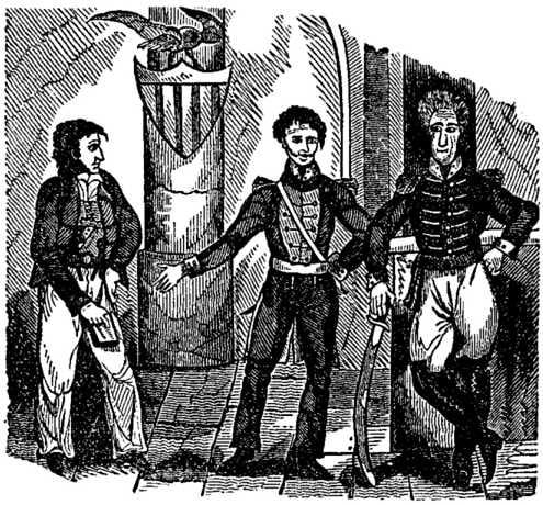 Twenty years after the event, an engraver imagines a meeting among (left to right) Jean Lafitte, Louisiana Governor William Claiborne, and General Andrew Jackson.