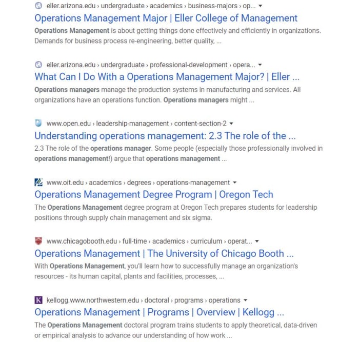 Here the Google site command is used to find all relevant results that can be found on the web sites of educational institutions for the search term operations management.