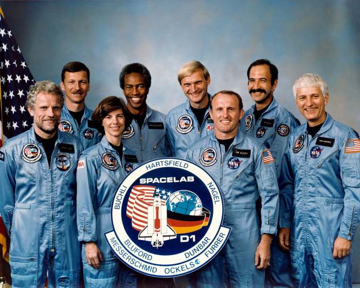 History's largest ever astronaut crew, featuring both NASA astronauts, as well as two physicists from West Germany and one from the Netherlands