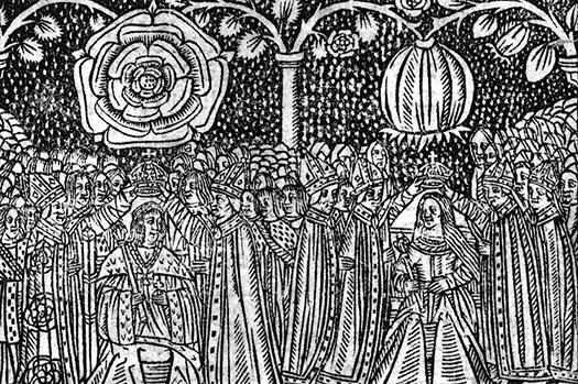 Woodcut showing the coronation of Catherine of Aragon and Henry VIII, from Stephen Hawes, "A Joyfull Medytacvon to All Englande" published 1509