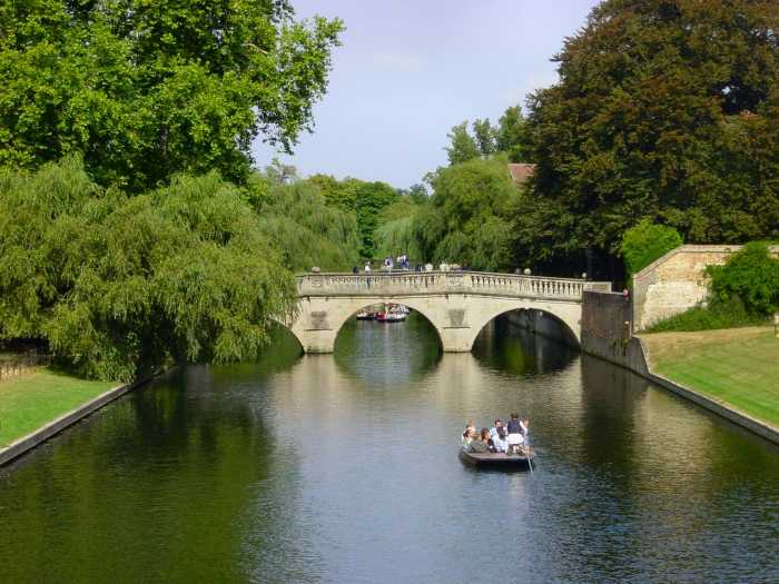 View of the River Cam and Clare Bridge, which is located by Clare College, Cambridge University; Philippa Pearce enjoyed playing by and on the river as a child