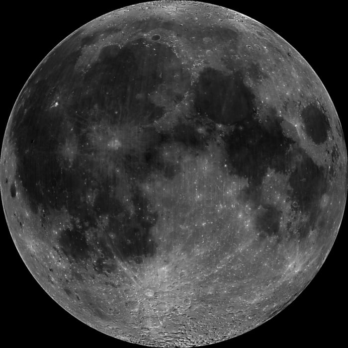 Our Moon, as seen from northern latitudes, showing light areas called 'terrae' (highlands) and dark areas called 'maria' (plains). Near the bottom is the clearly visible crater, Tycho
