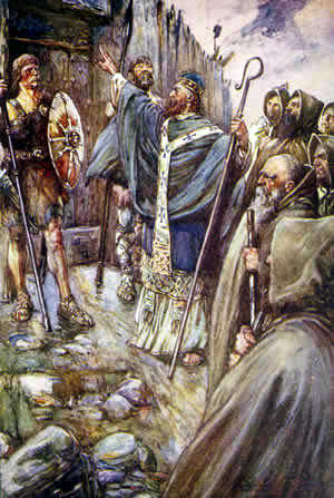 Saint Columba, an example of the kind of saint who would be featured in Medieval hagiographies. Art by John R Skelton, 1906