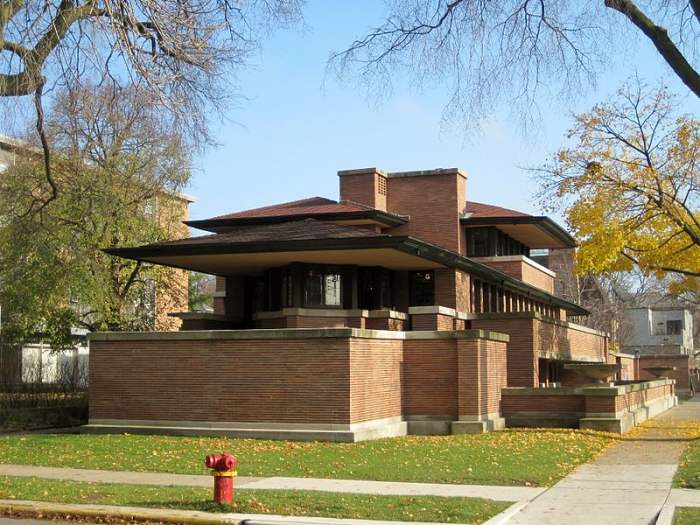 Frederick C. Robie house, currently located on the University of Chicago campus, is an example of Prairie Architecture.
