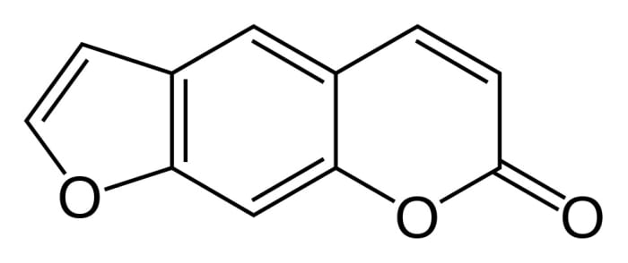 Psoralen is a furanocoumarin. The first ring represents furan and the other two represent coumarin. A carbon atom is located at each corner that lacks an oxygen atom.