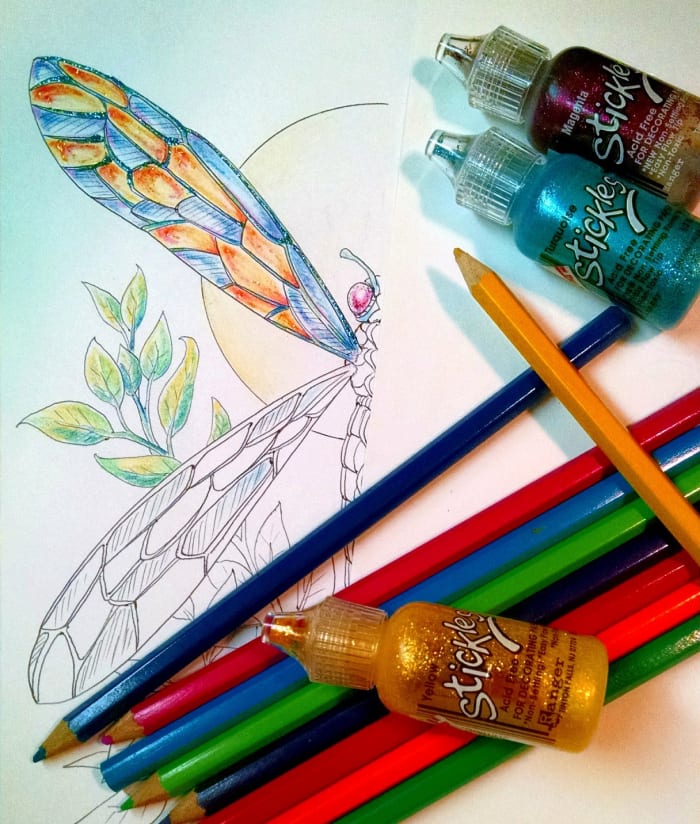 Coloring isn't limited to crayons. Touches like glitter, gel pens, and metallic pens add interesting effects.