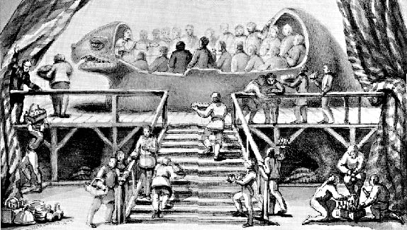 On New Year's Eve 1853, Waterhouse Hawkins organised a banquet for Richard Owen and other scientific dignitories, Crystal Palace administrators and newspaper editors inside the belly of an uncompleted Iguanadon statue. From a drawing by Hawkins