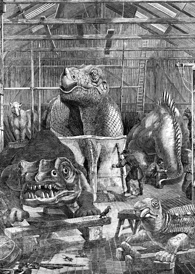 This much reproduced contemporary drawing depicts the statues under construction in Waterhouse Hawkins' Studio