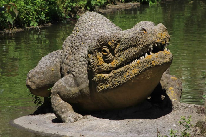 Labyrinthodon pachygnathus emerging from the water - just like the modern day frogs which Richard Owen envisaged these creatures may have looked like