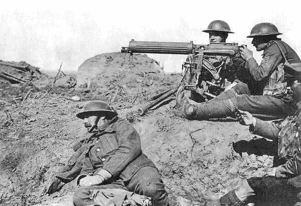 British Vickers machine gun in action on the Western Front. The machine gun revolutionized the way war would be fought in the twentieth century.