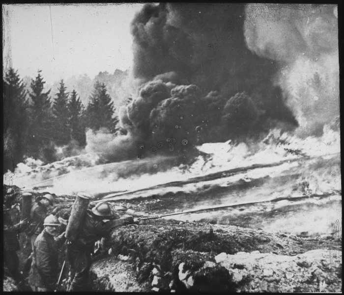 Flamethrowers were used for the first time in WWI, this picture shows French troops in action.