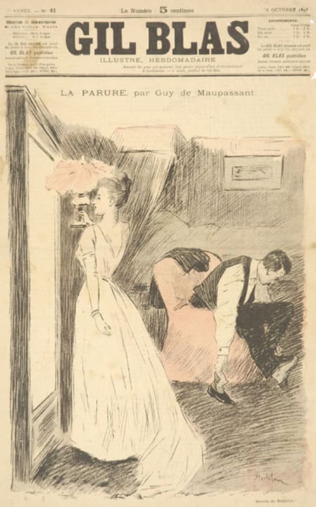 Cover of Gil Blas Illustré, drawn by Théophile Steinlen, illustration for the short story The Necklace (La Parure) by Guy de Maupassant. 8 October 1893