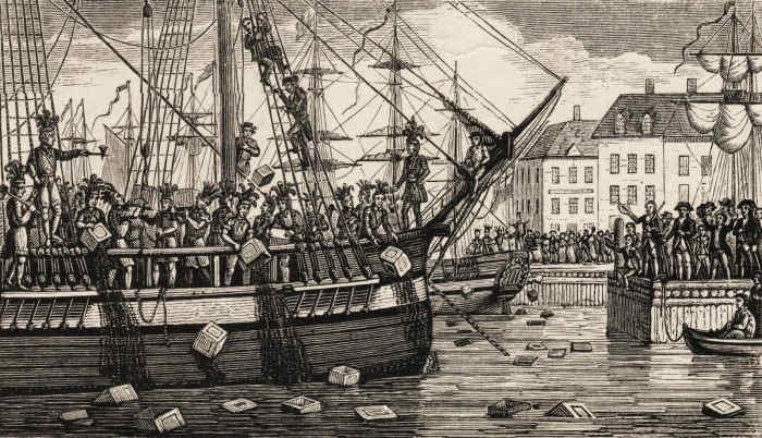 During the Boston Tea Party, dissidents from the city of Boston boarded a cargo ship and tossed all the tea into the Boston harbor.