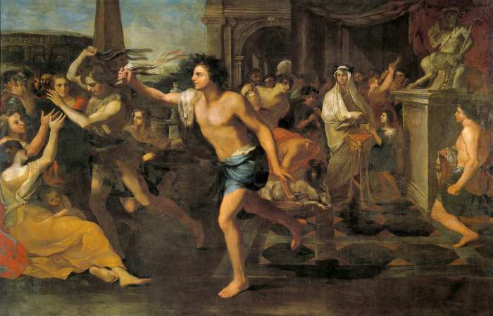 An image depicting Lupercalia and the men taking the bloody goat's hide and slapping them on the women to increase fertility.
