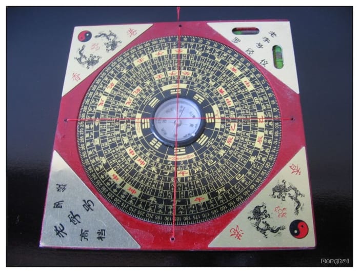 A Feng Shui compass used in geomancy to appropriately site buildings in line with mystical principles.