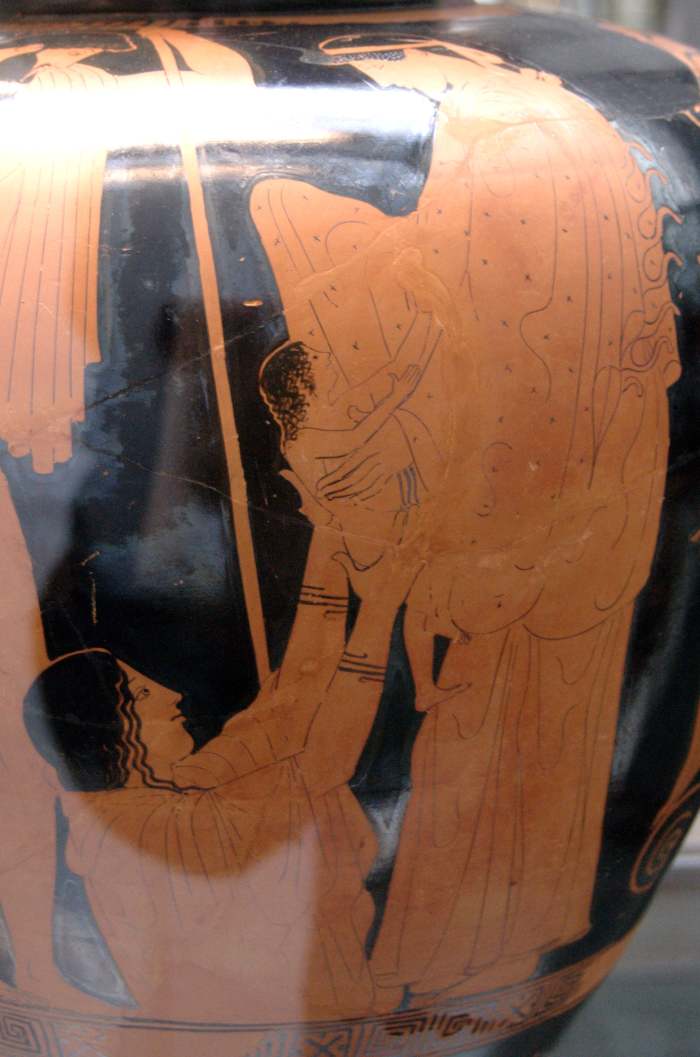 Birth of Erichtonius: Athena receives the baby Erichthonius from the hands of the earthmother Gaia. Hephaestus is watching the scene. Side A of an Attic red-figure stamnos, 470–460 BC.