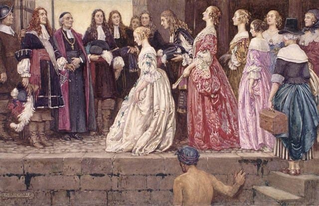 Almost 300 years after the event, Eleanor Fortescue-Brickdale depicts the arrival of les filles dressed as though going to a royal ball.