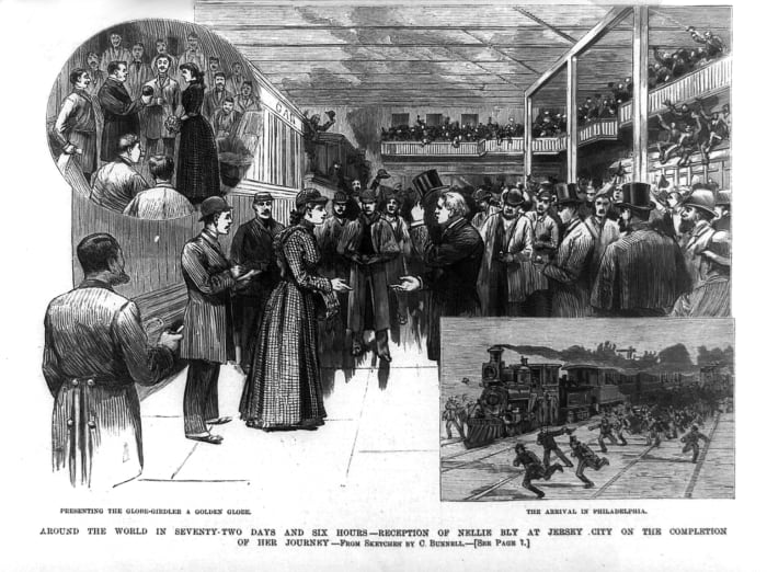 Nellie Bly at a reception celebrating her safe return after traveling around the world in seventy two days