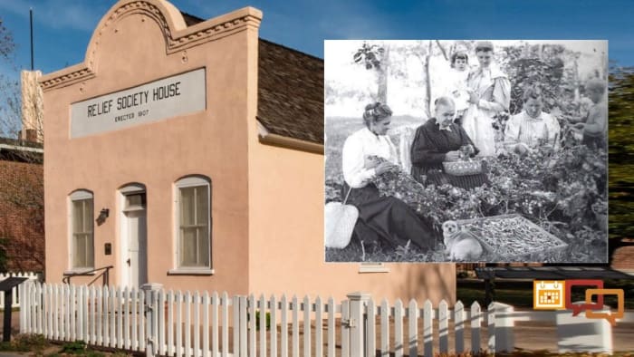 Santa Clara Relief Society Building, Santa Clara, Utah, March 16, 2017; Inset photo: Western European immigrants harvesting silk cocoons, Washington City, Utah, ca. late-18th century.