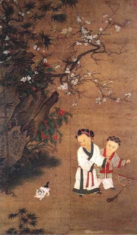 Fong and James C.Y. Watt, Possessing the Past: Chinese painting on silk, with playing children wearing silk clothes, by Su Hanchen (active 1130s–1160s), Song Dynasty. Fong and James C.Y. Watt, Possessing the Past, the National Palace Museum.