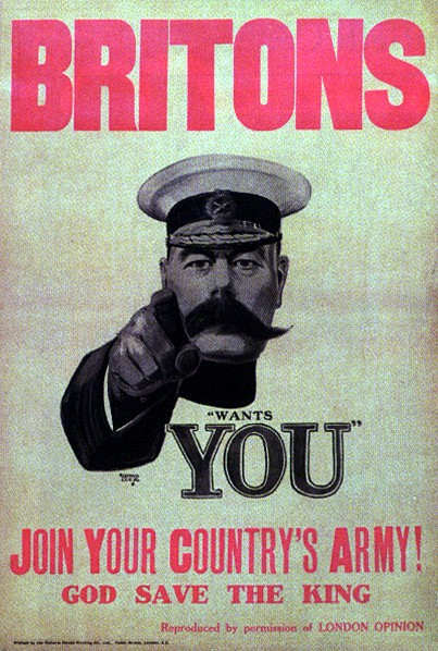 The famous British army recruitment poster of 1914 featuring Lord Kitchener - by the 20th century, the reforms of the army and the demands for manpower had swept away many of the older conventions of recruiting and officer candidacy in Britain.