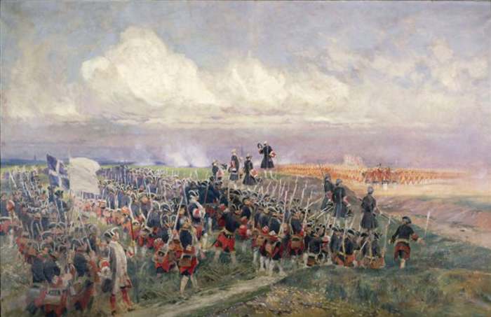 Colonels of the French Guards and British Guards politely discussing who should fire first at the battle of Fontenoy (1745)