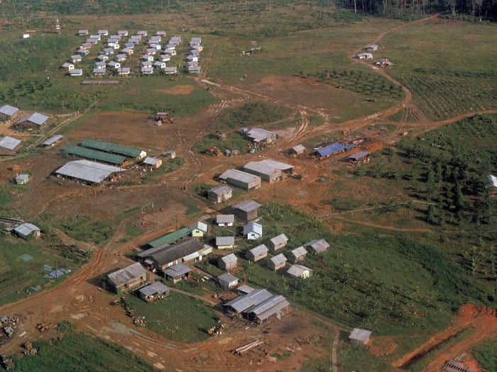Jim Jones' Peoples Temple compound in Jonestown, Guyana, November 1978 after bodies were removed.
