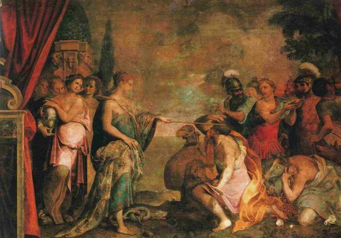 This is one of tne of many Renaissance paintings of Circe—a fresco painted by Giovanni Battista Trotti.