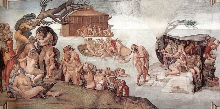 Michelangelo, The Great Flood, Ceiling of the Sistine Chapel (1508). Michelangelo began to paint the last scenes and progressively enlarged the size of the figures in the next ones, where the figure of God appears