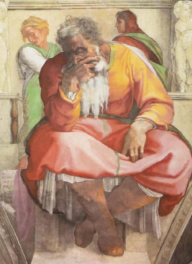 The prophet thoughtful. Michelangelo may have portrayed himself in the figure of the prophet Jeremiah.