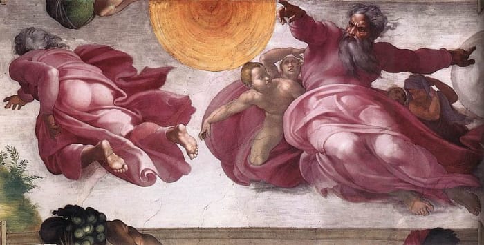 Michelangelo, Sistine Chapel ceiling, the Creation of the Sun and the Moon after the restoration