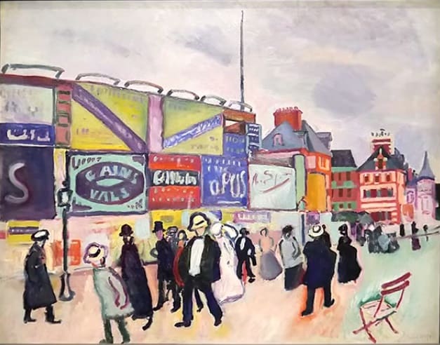 A street scene, “Posters in Trouville”, by Raoul Dufy, an influential artist and member of Les Fauves. These artists often found their inspiration in the everyday rather than Classical myths or religion, which was revolutionary at the time.