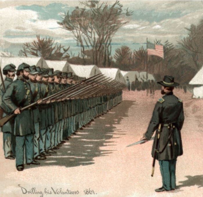 "Grant Drilling his Volunteers, 1861." Detail from an 1885 engraving, "Grant from West Point to Appomattox."