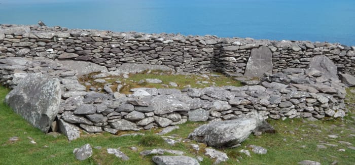 Caher Connor ruins. Note the cross inscribed stone to the right of the photograph.