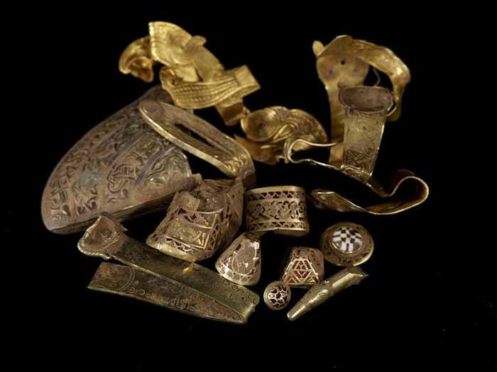 A few items from the Staffordshire Hoard of gold.