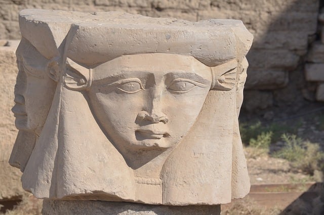 The ancient Egyptians built most of their cities along the Nile. This statute shows the goddess, Hathor, the deity who personified joy, love, and motherhood. Worshiped by all sections of society, she was one of the most popular and important deities