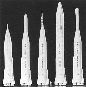 Various Atlas rocket configurations. The second from the left was the Atlas-Agena configuration used on Mariner 2.