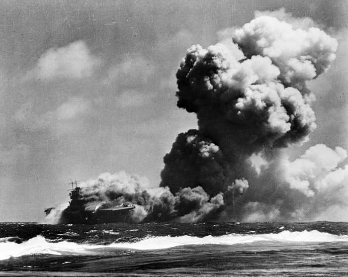 The aircraft carrier USS Wasp burning after the battle for Santa Cruz it would soon find the bottom of the ocean near Guadalcanal.