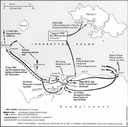 Where American troops landed on August 7, 1942 and their advances after the first day of battle.