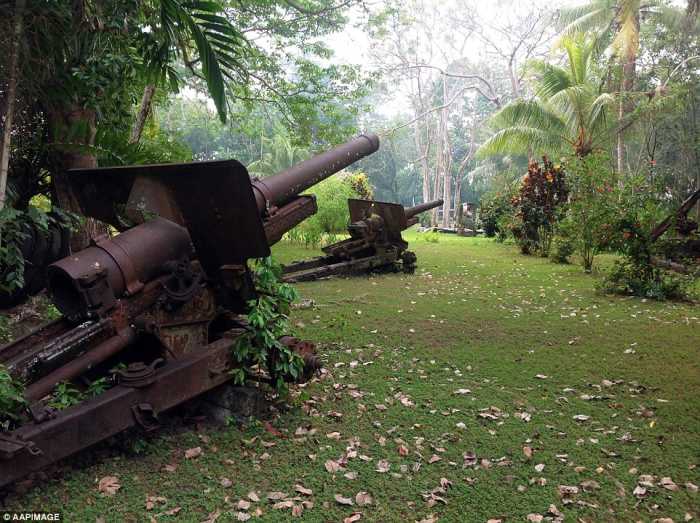 Japanese heavy artillery rusting in the very place they were position during the battle over seventy years ago.