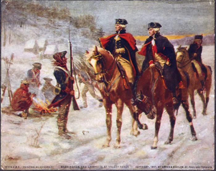 General Washington and Lafayette look over the troops at Valley Forge. Washington was a disciplinarian who emphasized discipline and training. His best trait, however, was his charismatic leadership.
