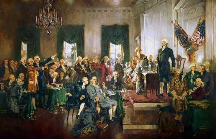 Washington at the Signing of the United States Constitution, September 17, 1787, by Howard Chandler Christy, 1940. Washington was persuaded to attend the constitutional convention in Philadelphia and oversaw the writing of the new constitution.