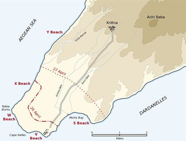 Map of the landing of the British 29th Division at Cape Helles on April 25, 1915 during the Battle of Gallipoli. The front line established by the night of April 26 is shown by the red dash-dot line. The front line reached by the night of April 27 is