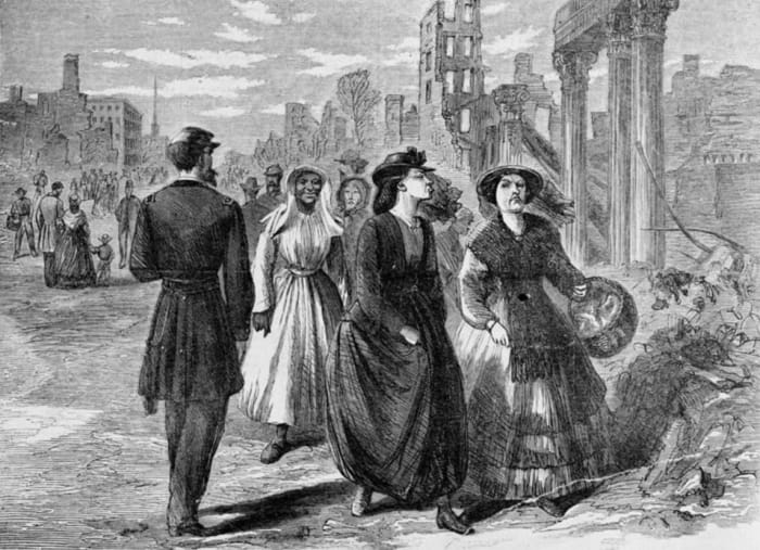 This engraving from Harper's Weekly, June 3, 1865, shows Richmond ladies going to receive US government rations. Original caption: "Don't you think that Yankee must feel like shrinking into his boots before such high-toned Southern ladies as we!"