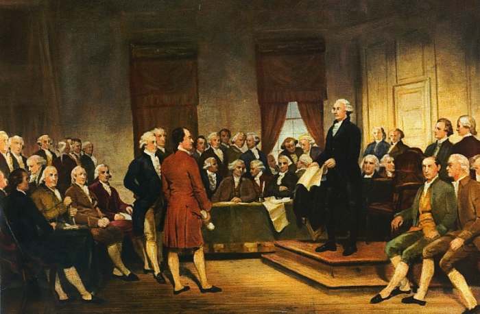 A painting of the founding founders at the Constitutional Convention.