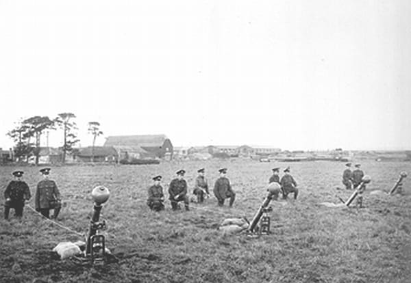 Chemical warfare experimental station at Portal Down during WW1. Image shows trials of 2-inch Toffee Apple mortar bombs (possibly for poison gas delivery?).