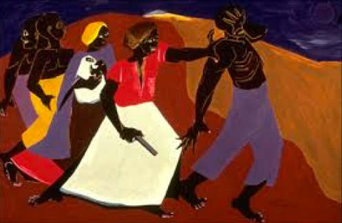 This painting depicts how Harriet Tubman, "General," often used a revolver to force the faint hearted, runaway slaves to not give up on their quest for freedom.