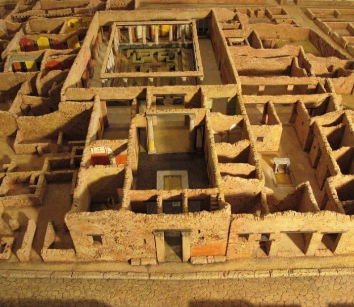This is a scale model of Pompeii. The Ancient Romans were the first to develop the 'bricks and mortar' building combination which we still use today.