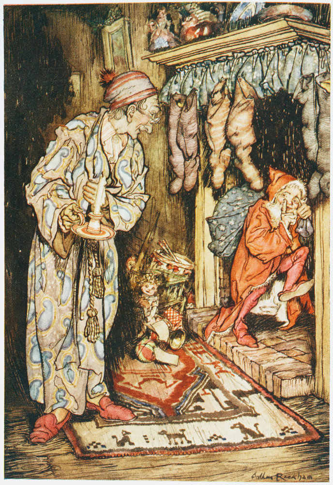 It is easy to see the connection between Santa and House Elves in early depictions of "that jolly old elf" - before Santa's modern image was fully developed. By Arthur Rackham.