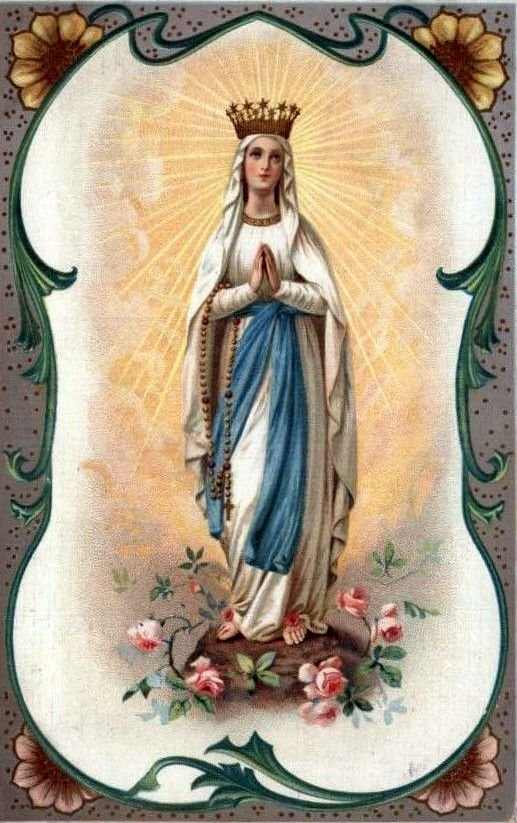 The Virgin Mary on a vintage card. She was given titles such as "Queen of Heaven" and "Star of the Sea" which highlighted her effective role as goddess.